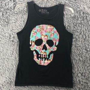 Black Matter Tank Top Womens Small Cat Skull Halloween Fall Roses Black